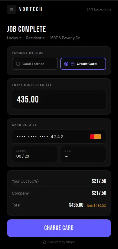 Vortech Stripe payment — technician charges customer credit card in the field