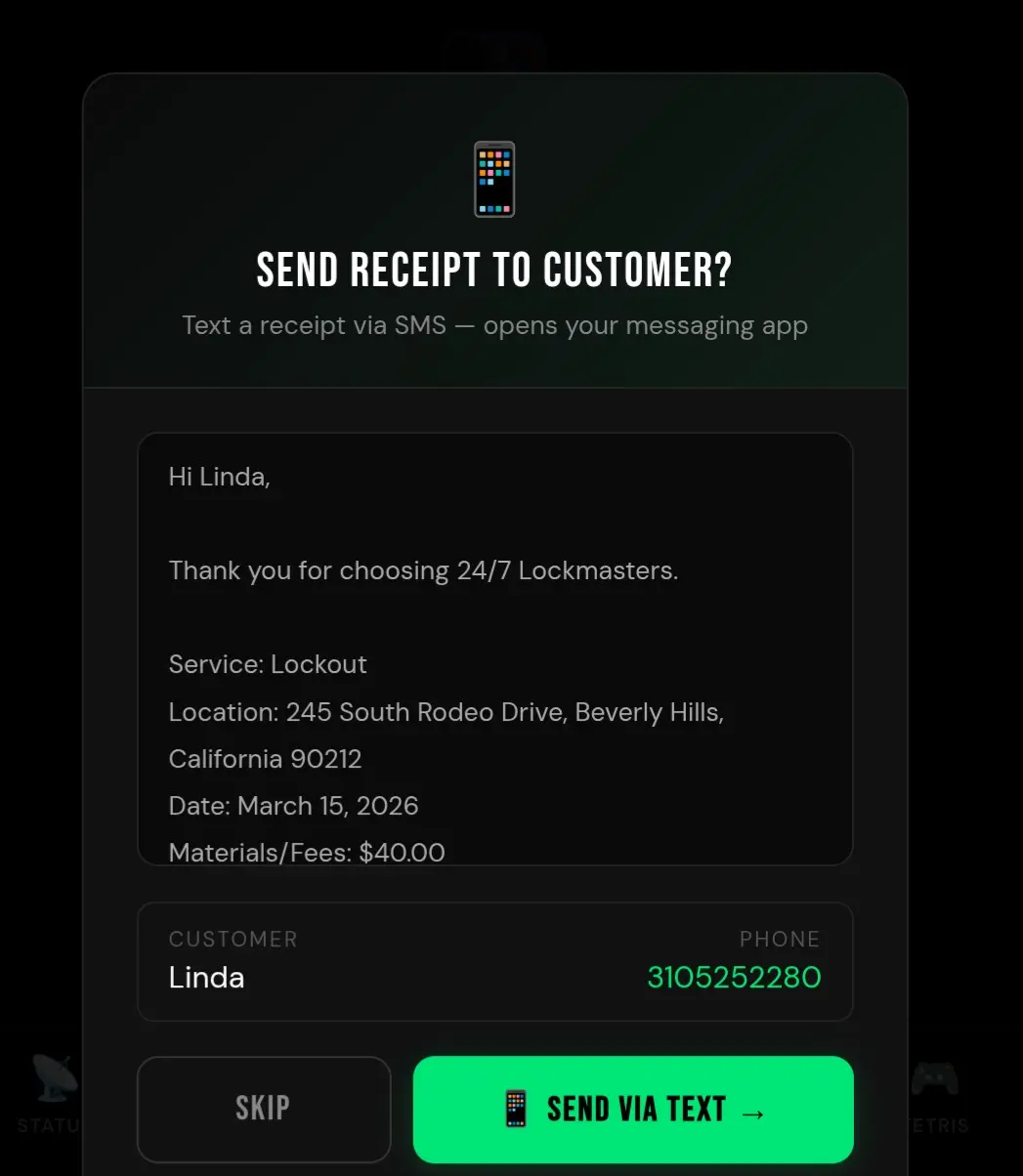 Vortech SMS receipt — technician sends job summary text to customer