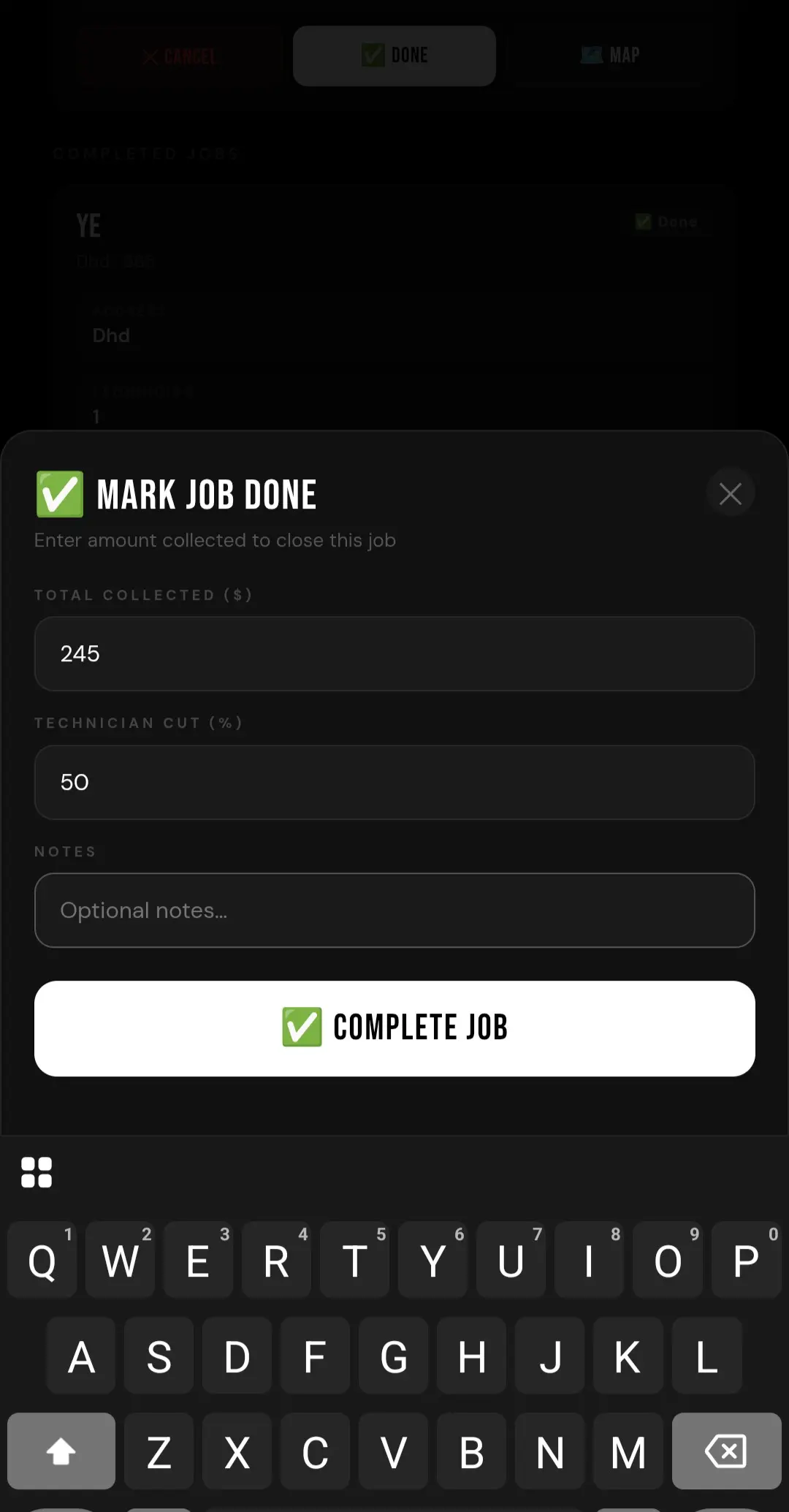 Vortech job completion — automatic revenue split calculation for technicians