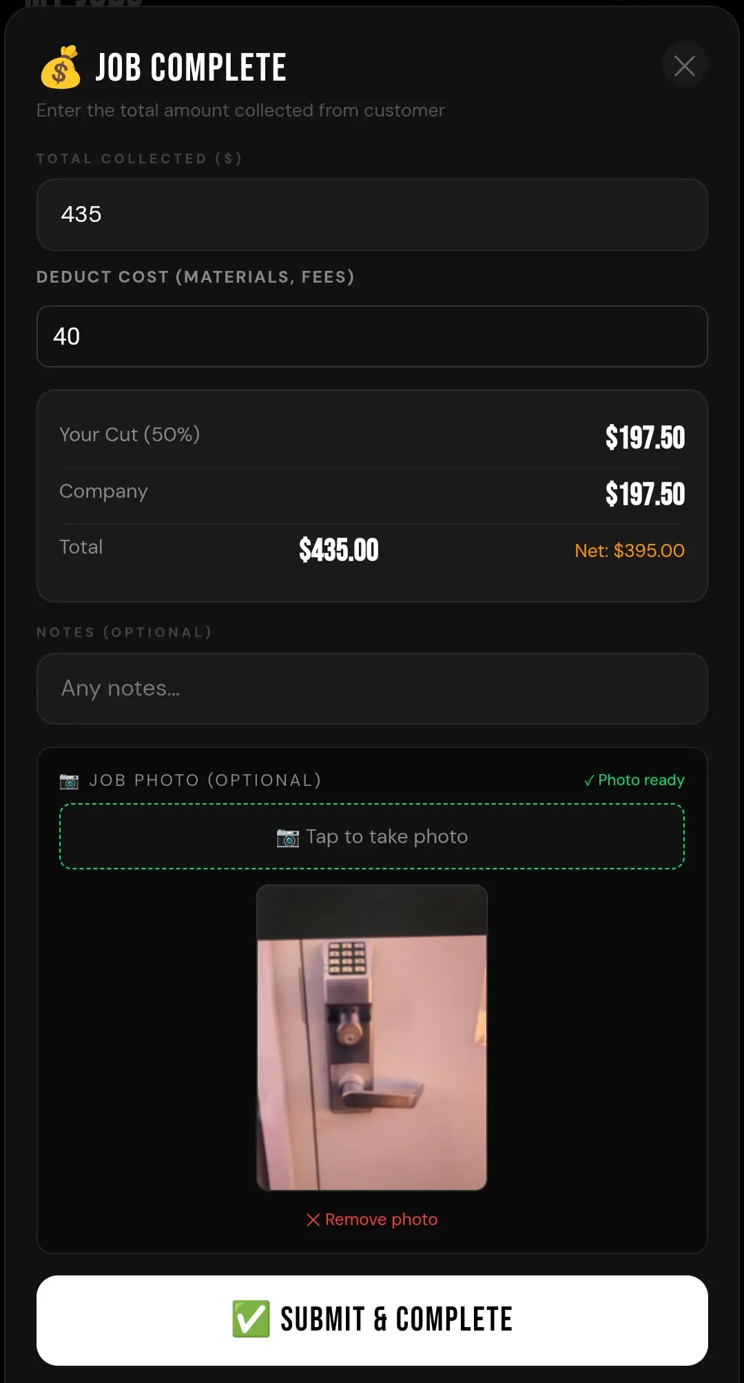 Vortech job photo documentation — proof of completion uploaded instantly
