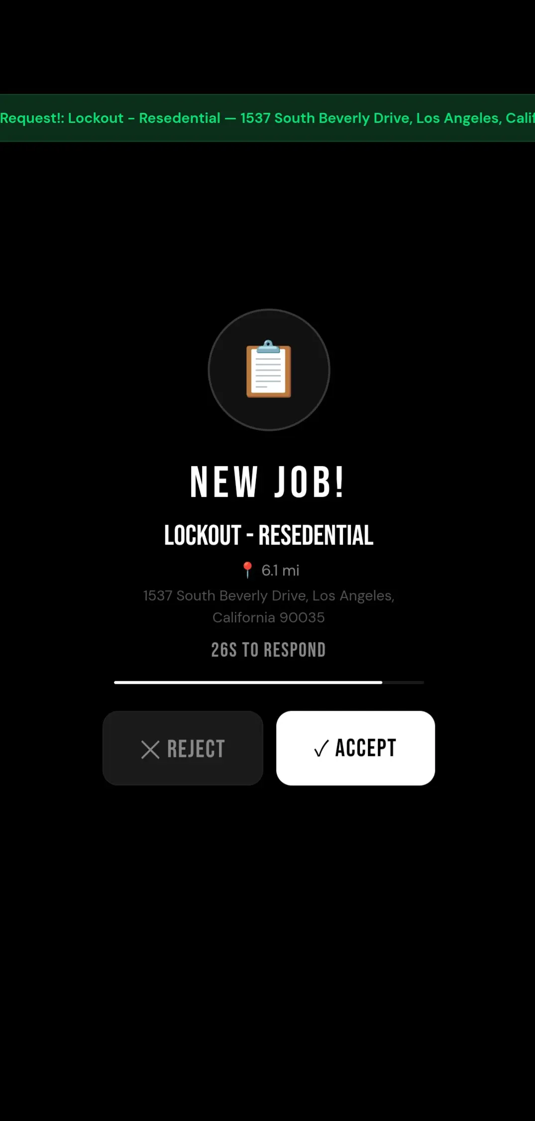 Vortech technician job alert — Uber-style notification with accept button