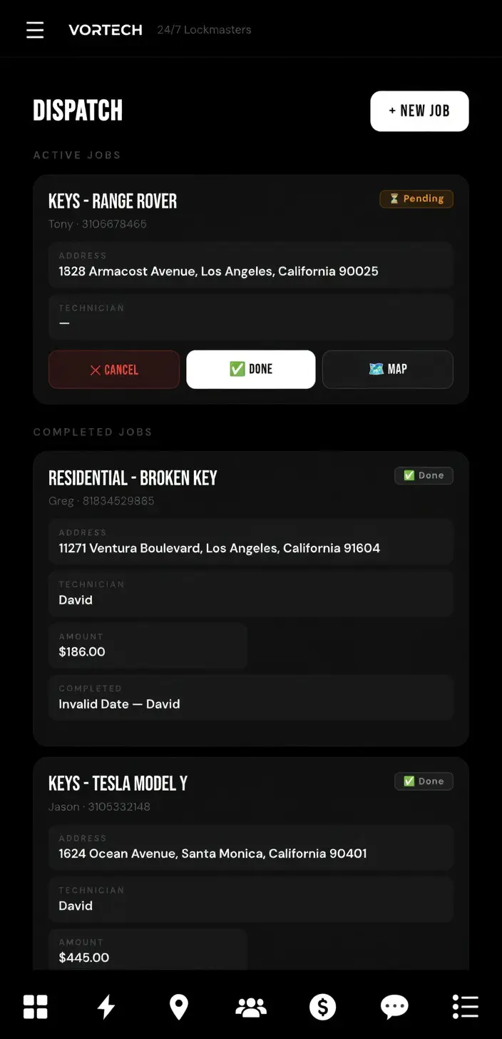 Vortech office dashboard — live map, dispatch control, technician management