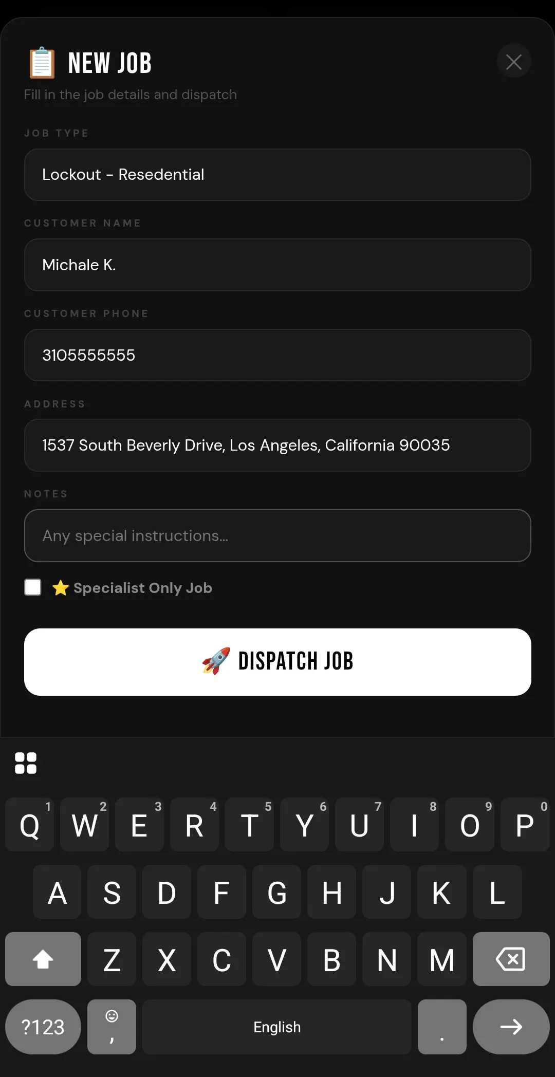 Vortech office dispatch screen — lead entry, address, service type, specialist routing
