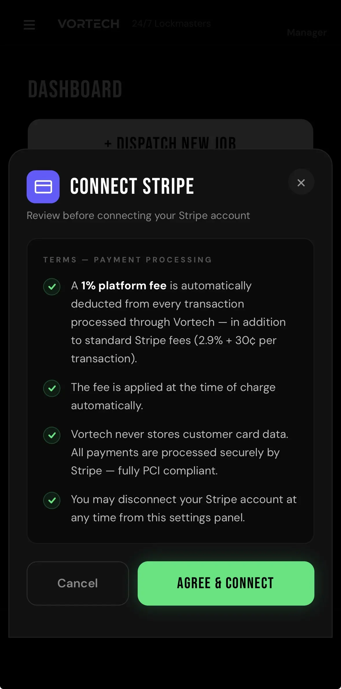 Vortech Stripe Connect setup — connect your Stripe account in one tap
