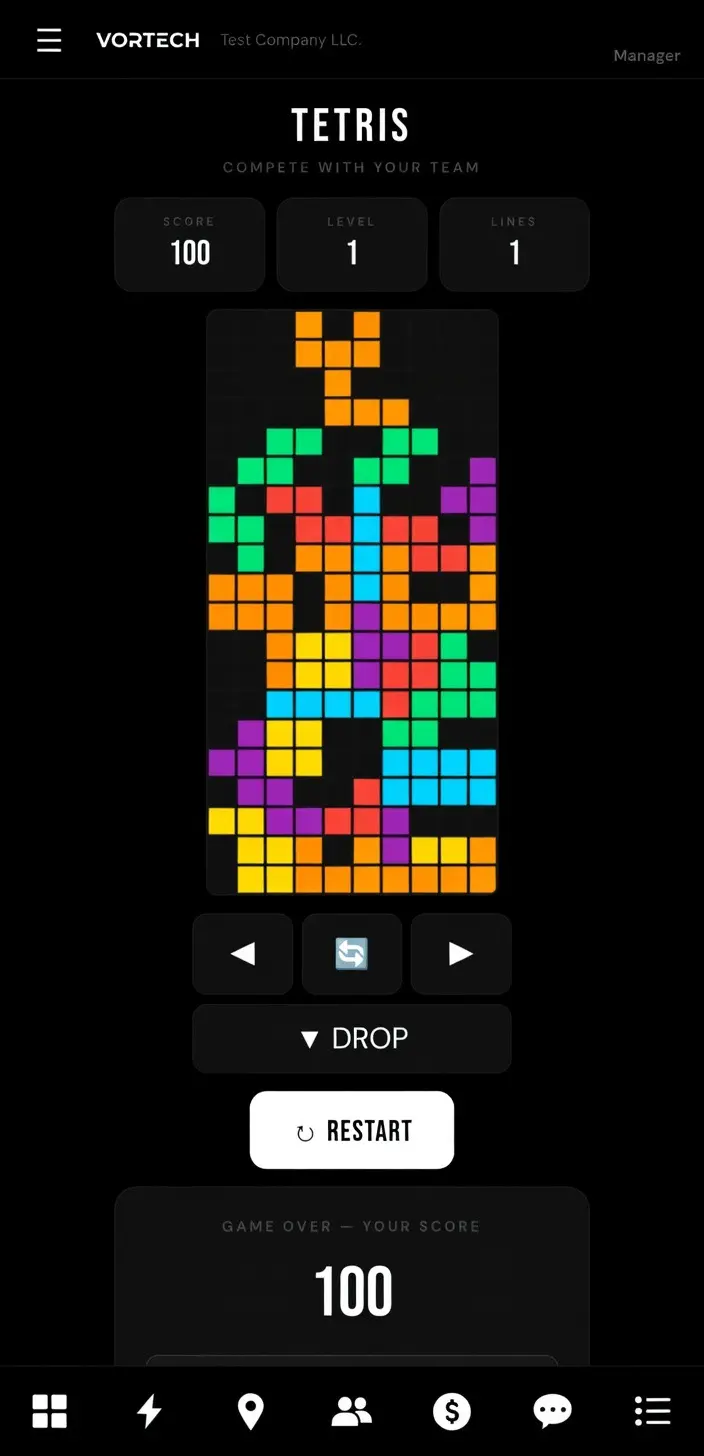Vortech gamification — Tetris leaderboard for technician engagement